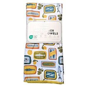 Envogue Microfiber Kitchen Towels Fish Sardine Cans Lemon 4-Pc Cotton Gift NEW